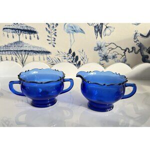 Vintage L.E.Smith Cream & Sugar Set Mount Pleasant Cobalt Blue Glass 1930-40s